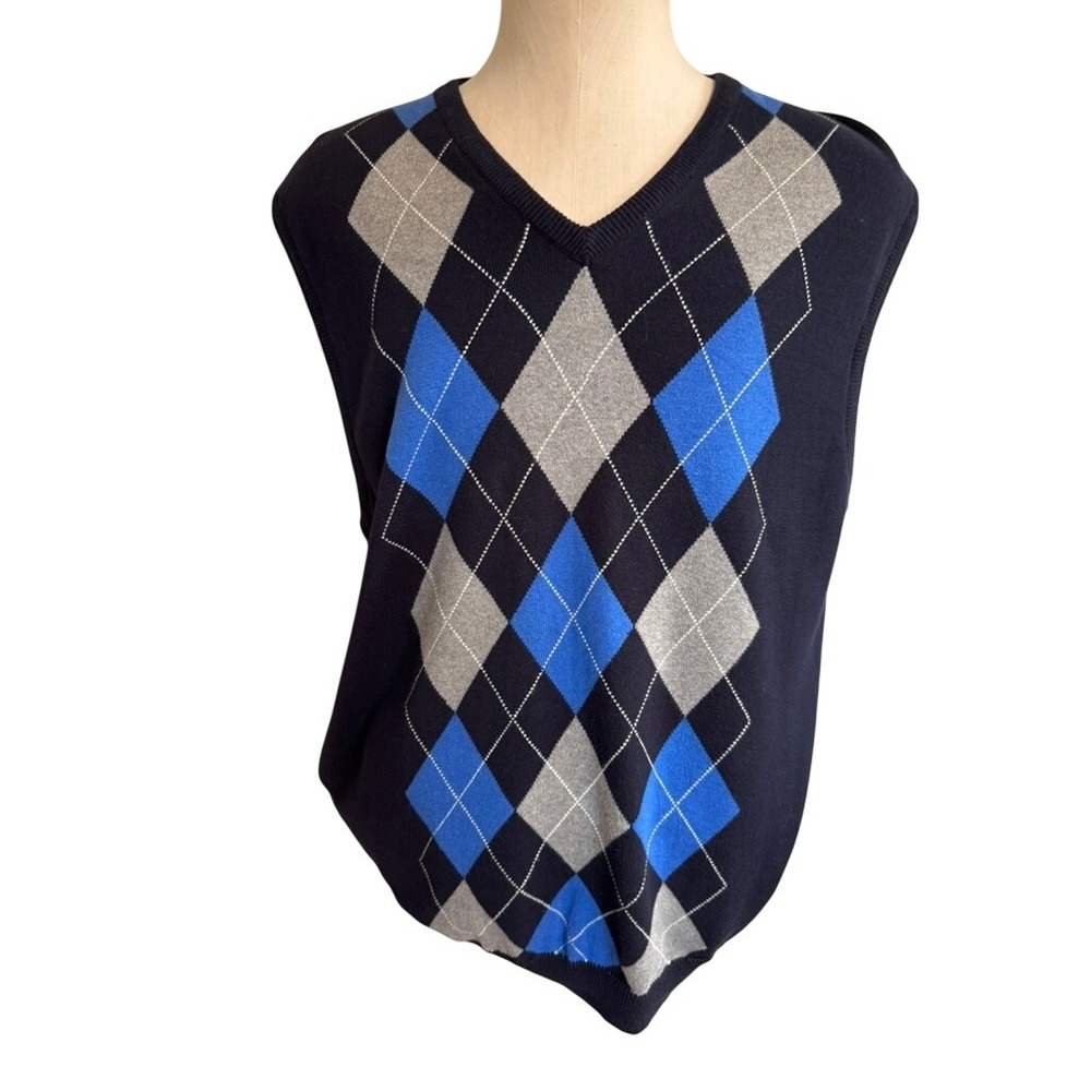 Chaps Mens Navy Blue Argyle V-Neck 100% Cotton Sweater Vest L Lightweight Preppy